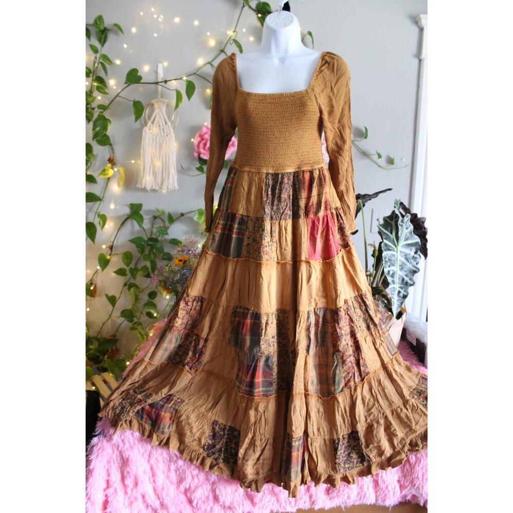Young Threads Camel Patchwork Smocked Tiered Maxi Dress Size S NWT Boho - Picture 11 of 11